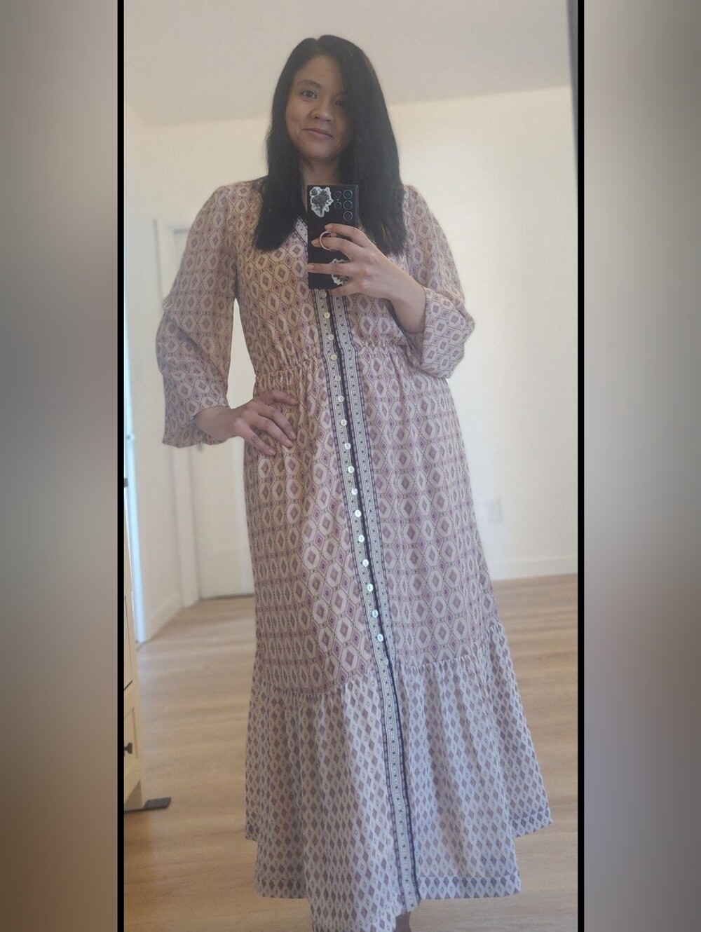 Pink Patterned Button-Front Maxi Dress